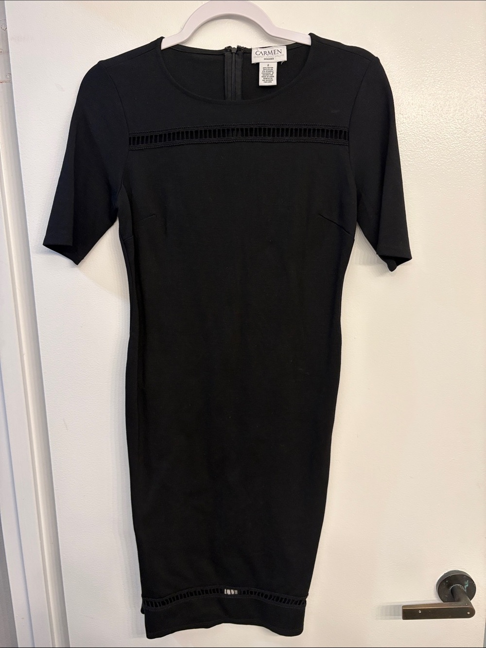 Carmen Marc Valvo Black Midi Sheath Dress with Ladder Trim